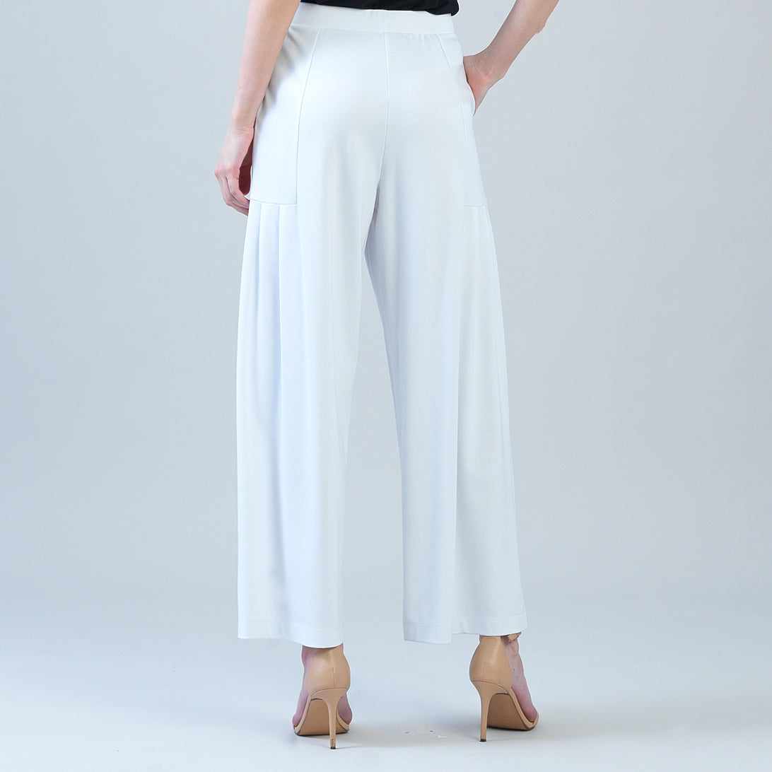 Rayon-Ponte Knit - Pleated Wide Leg Pocket Pant - White | Clara Sunwoo Signature