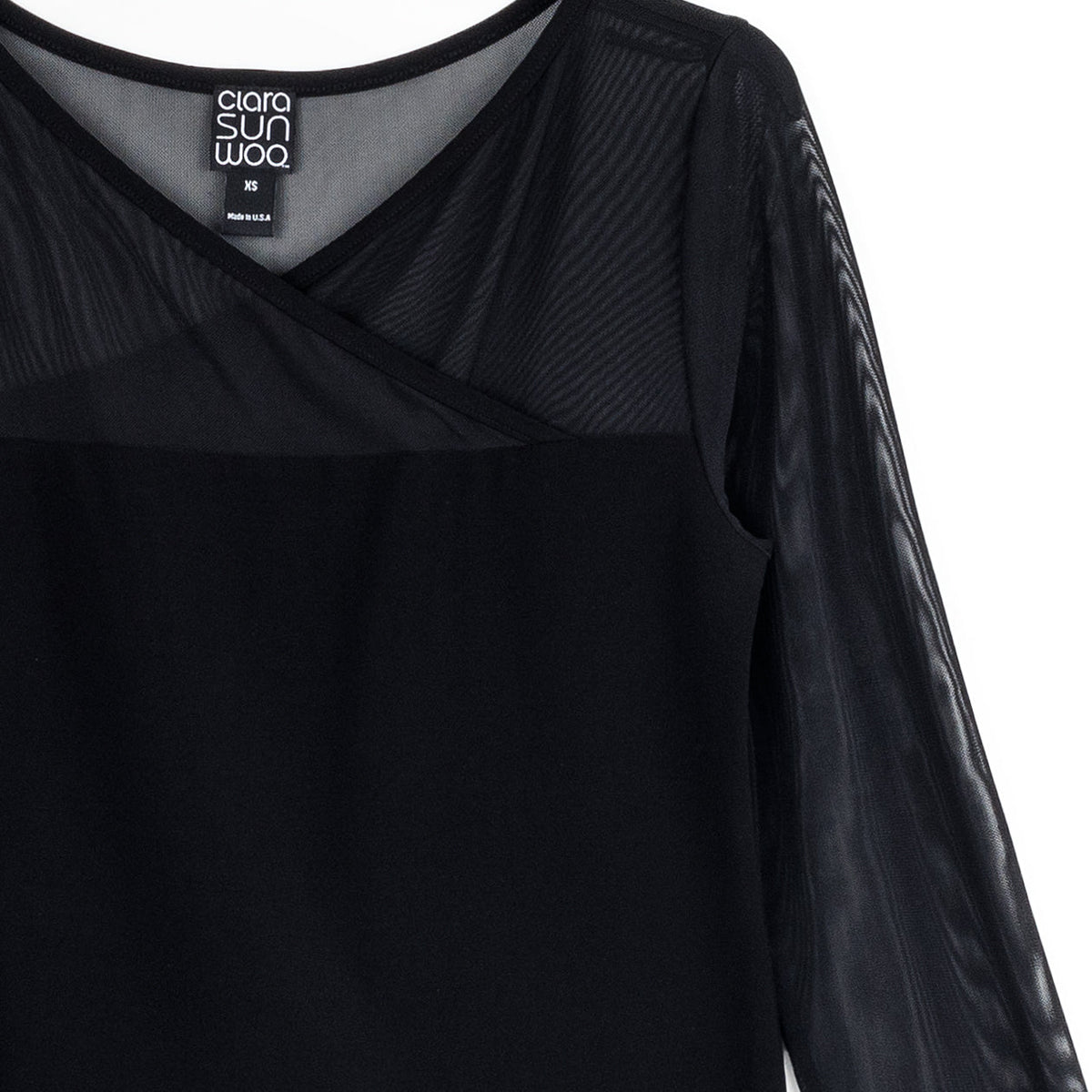 Mesh Insert Surplice Neck Top - Black | Clara Sunwoo Featured