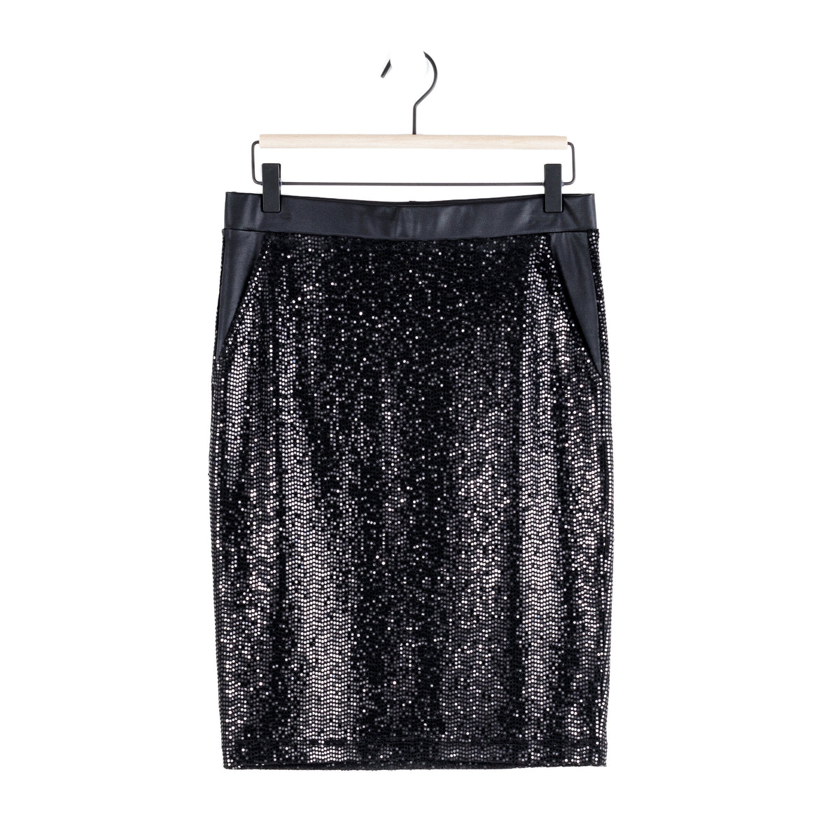 Sequin Knit - Liquid Leather™ Trim Pencil Skirt - Black - Final Sale | Clara Sunwoo Top Pick