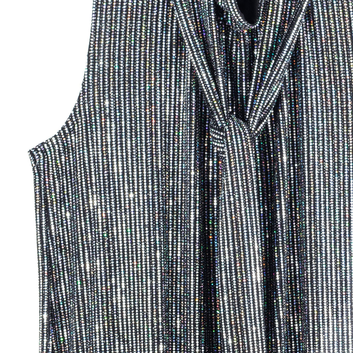 Shimmer Sequin - Mock Neck-Tie Detail Top - Silver Pinstripe - Final Sale | Clara Sunwoo Quality
