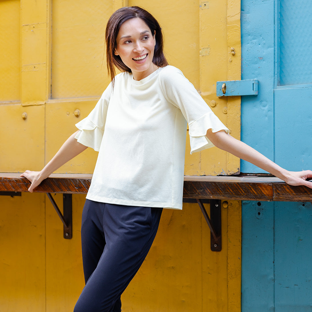 Peach Knit - Tulip Cuff Back Tie Top - Yellow - Final Sale! | Clara Sunwoo Classic