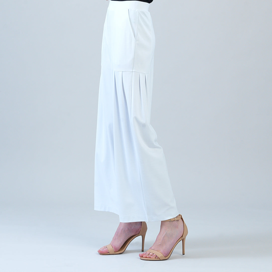 Rayon-Ponte Knit - Pleated Wide Leg Pocket Pant - White | Clara Sunwoo Signature
