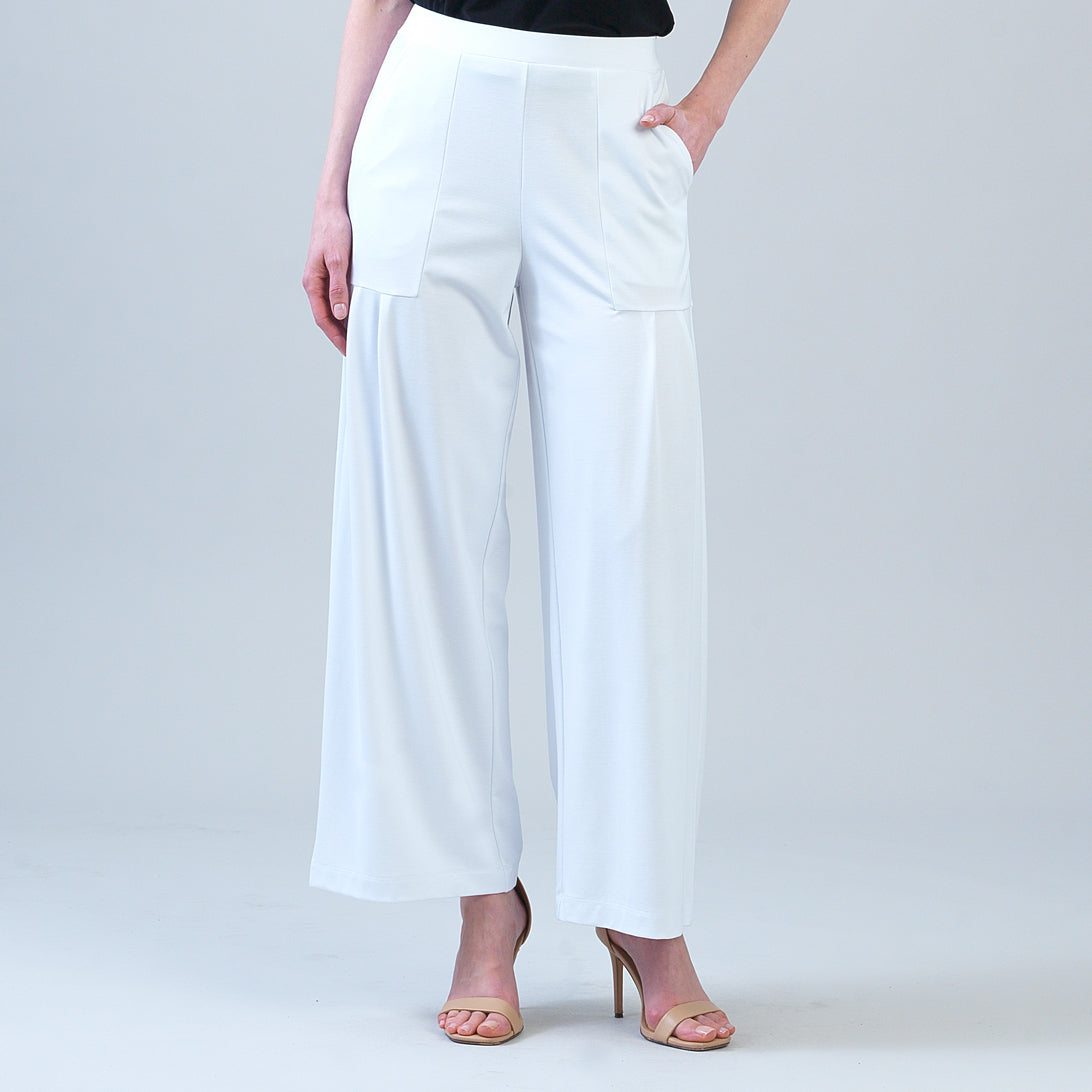 Rayon-Ponte Knit - Pleated Wide Leg Pocket Pant - White | Clara Sunwoo Signature