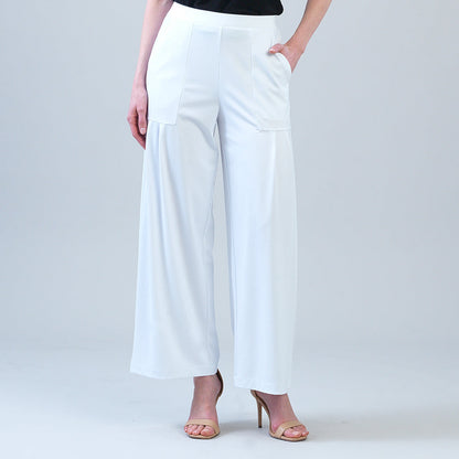 Rayon-Ponte Knit - Pleated Wide Leg Pocket Pant - White | Clara Sunwoo Signature