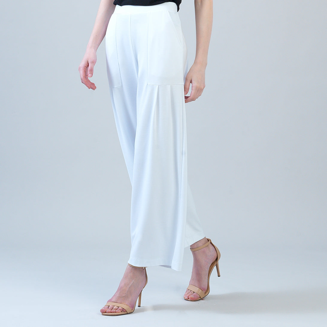 Rayon-Ponte Knit - Pleated Wide Leg Pocket Pant - White | Clara Sunwoo Signature