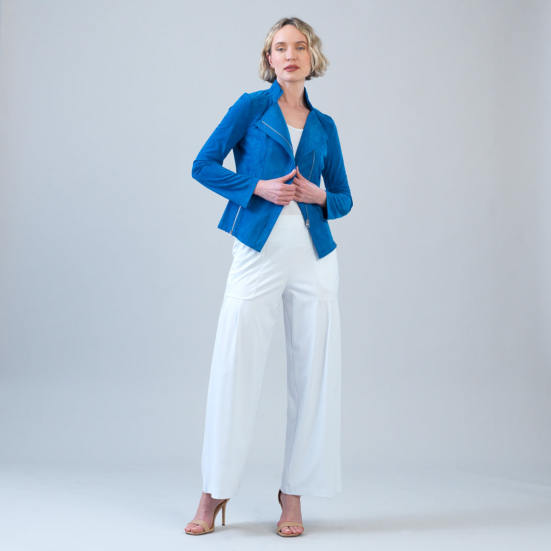Rayon-Ponte Knit - Pleated Wide Leg Pocket Pant - White | Clara Sunwoo Signature