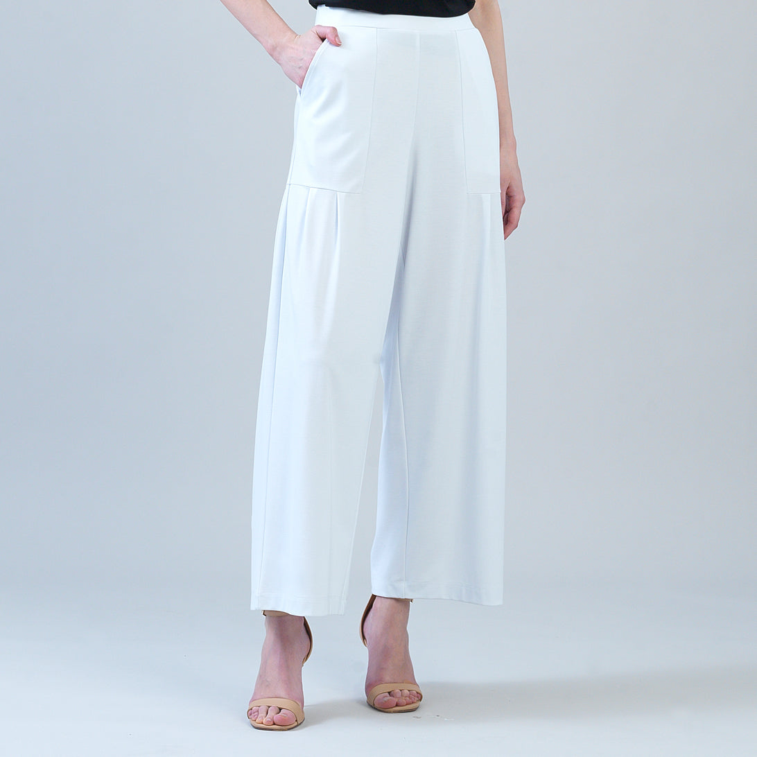 Rayon-Ponte Knit - Pleated Wide Leg Pocket Pant - White | Clara Sunwoo Signature