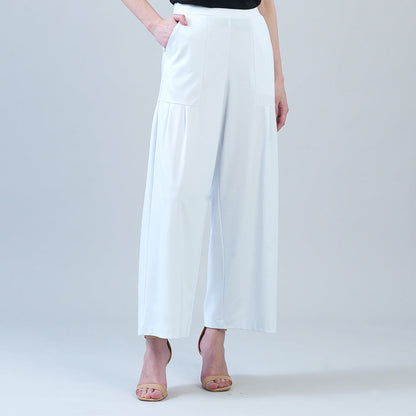 Rayon-Ponte Knit - Pleated Wide Leg Pocket Pant - White | Clara Sunwoo Signature