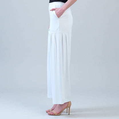 Rayon-Ponte Knit - Pleated Wide Leg Pocket Pant - White | Clara Sunwoo Signature
