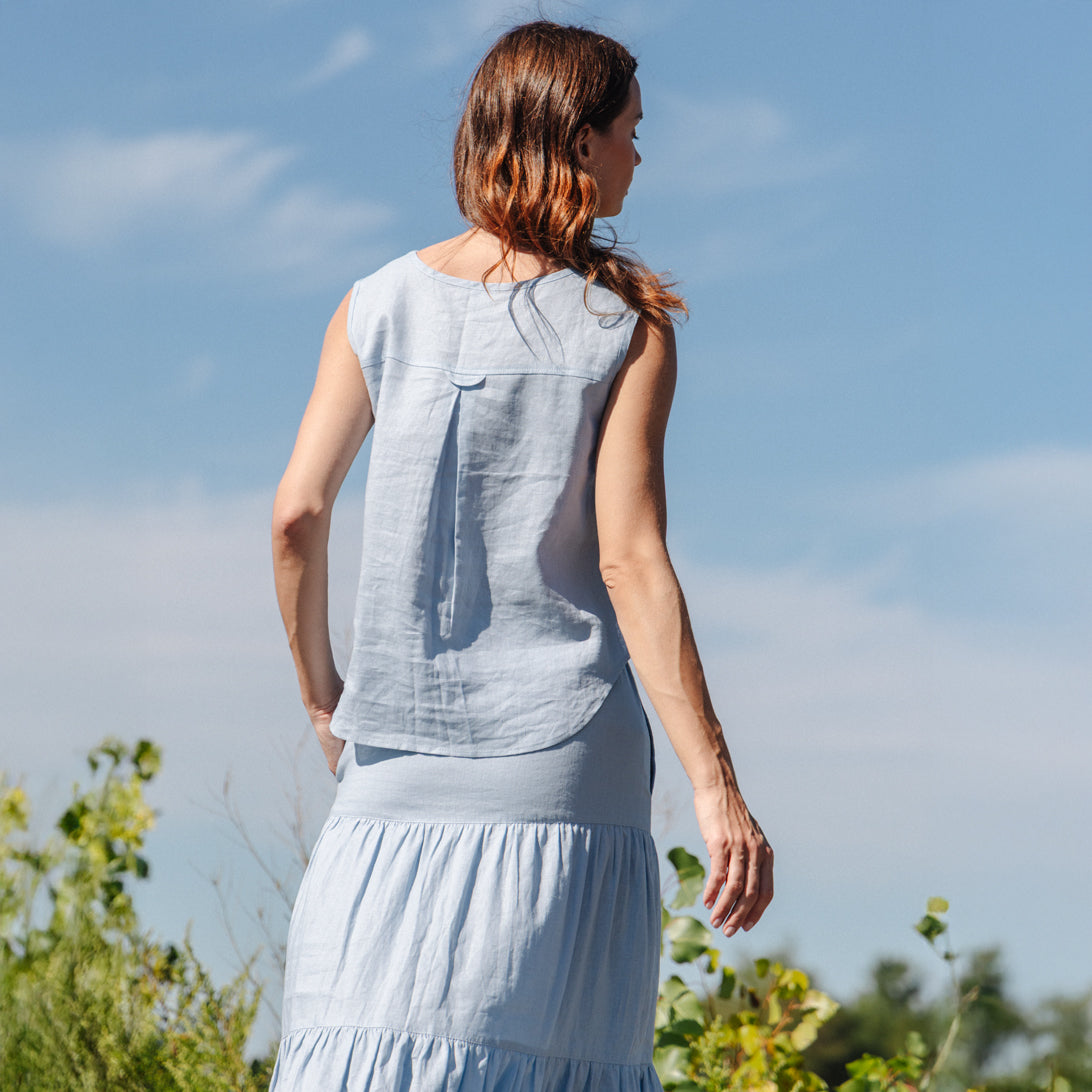 Soft Cotton - Back Pleat Henley Tank - Powder Blue - Final Sale | Clara Sunwoo Signature