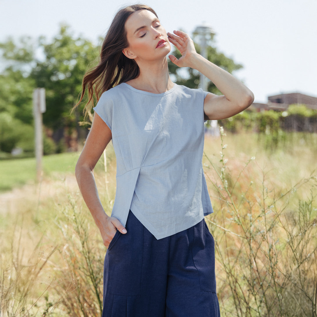 Soft Cotton - Cap Sleeve Stitch Overlay Top - Powder Blue | Clara Sunwoo Exclusive