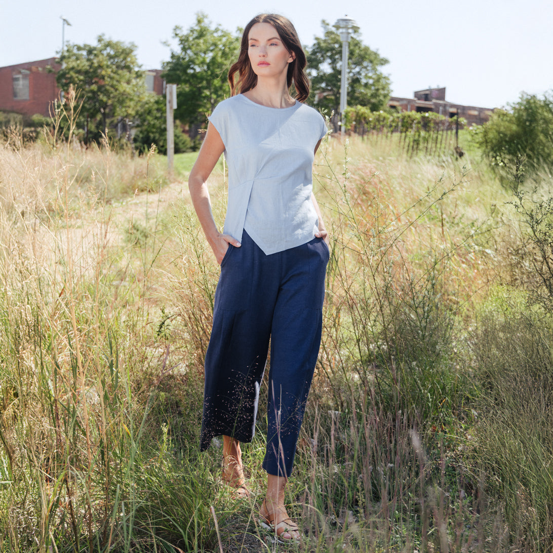 Soft Cotton - Cap Sleeve Stitch Overlay Top - Powder Blue | Clara Sunwoo Exclusive
