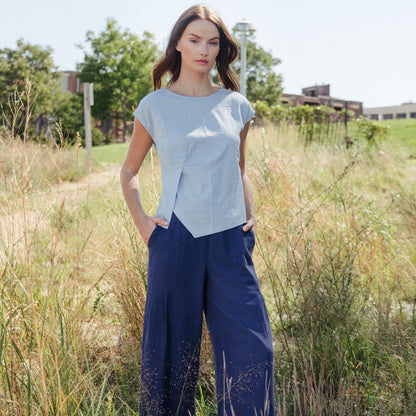 Soft Cotton - Cap Sleeve Stitch Overlay Top - Powder Blue | Clara Sunwoo Exclusive