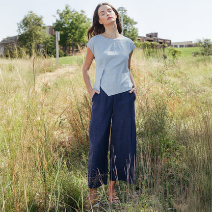 Soft Cotton - Pleated Wide Leg Ankle Pant - Navy - Final Sale | Clara Sunwoo Quality