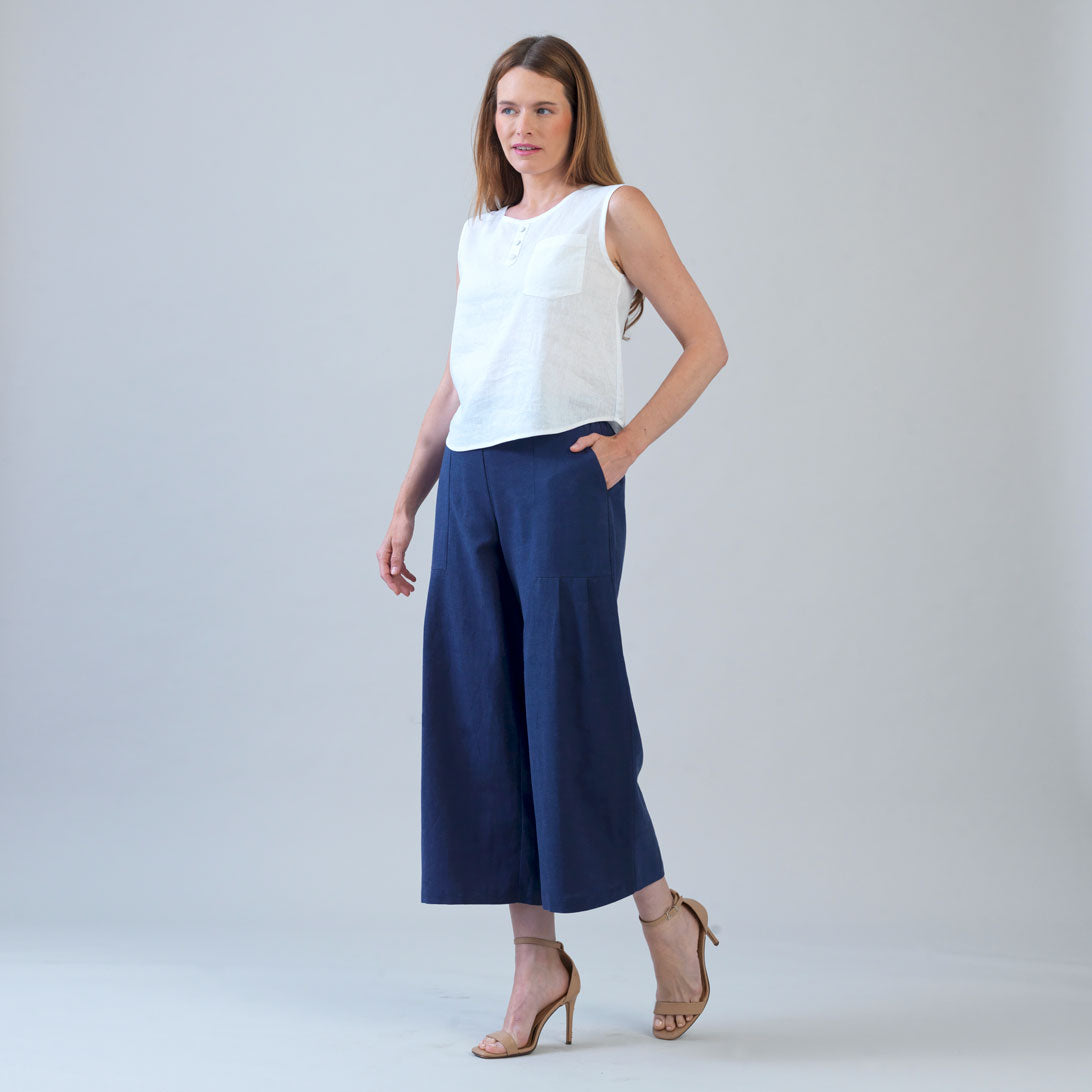 Soft Cotton - Pleated Wide Leg Ankle Pant - Navy - Final Sale | Clara Sunwoo Quality