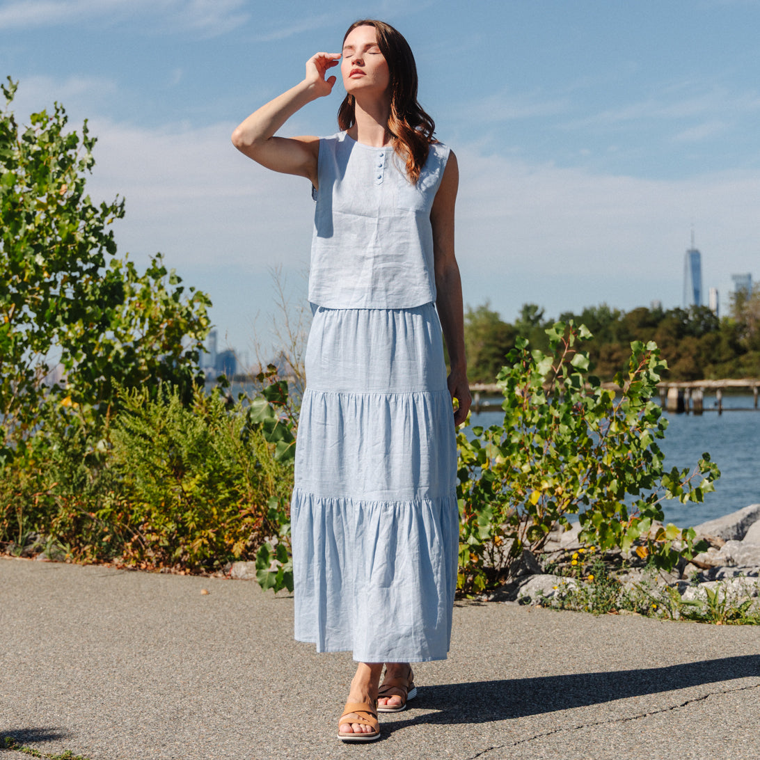 Soft Cotton - Double Tiered Maxi Skirt - Powder Blue - Final Sale | Clara Sunwoo Trending
