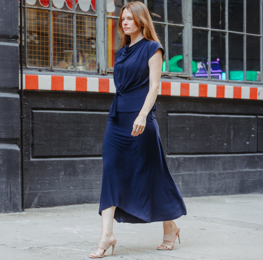 Cascade Drape Hi-Low Maxi Skirt - Navy | Clara Sunwoo Hot Sale