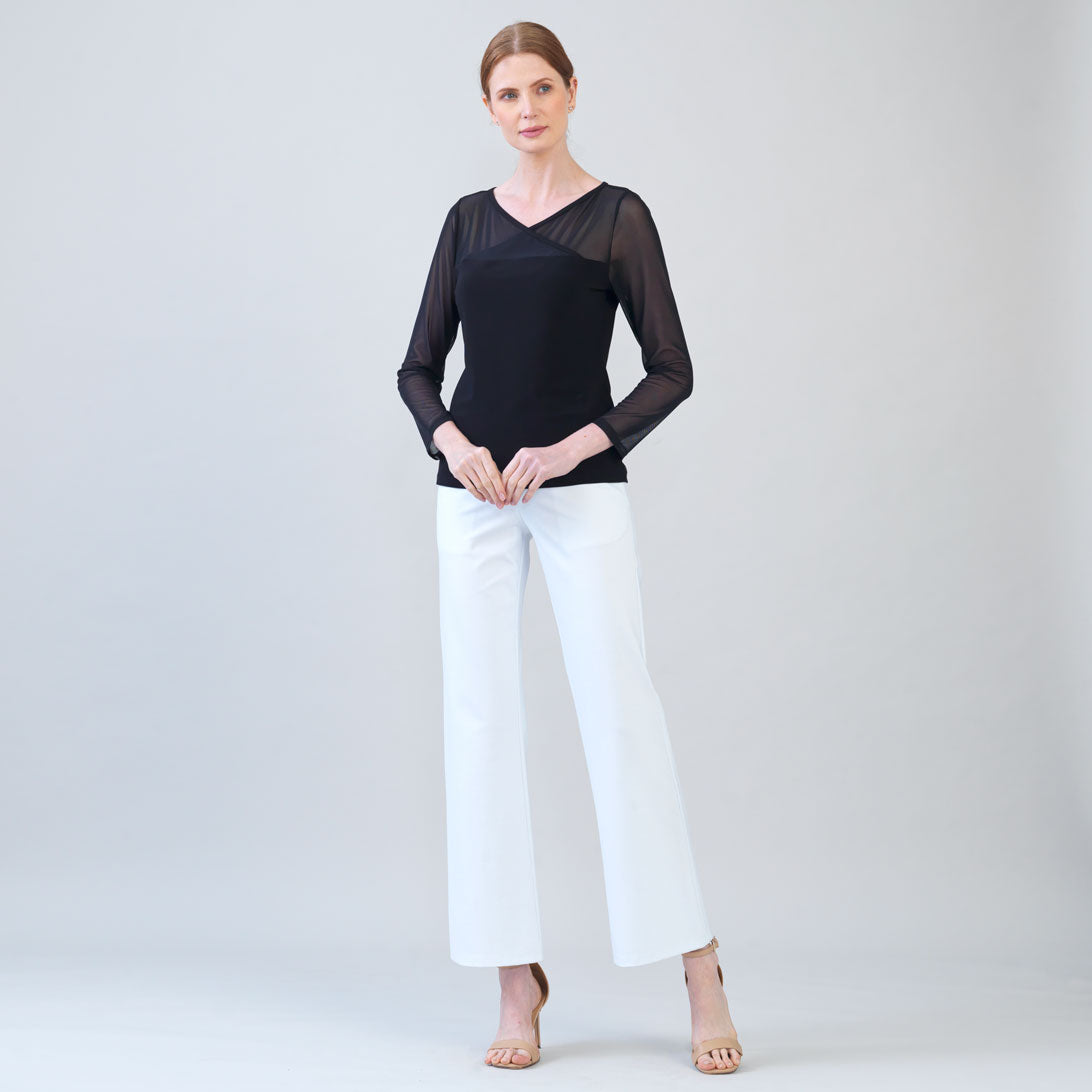 Mesh Insert Surplice Neck Top - Black | Clara Sunwoo Featured