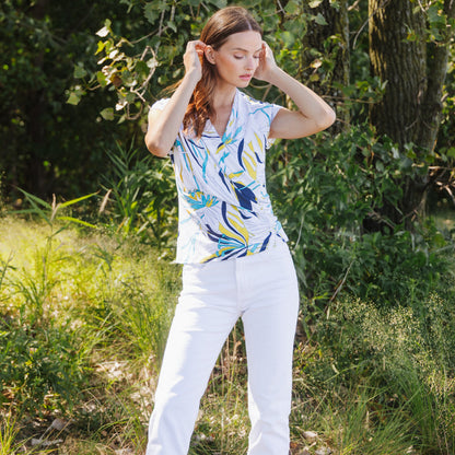Cap Sleeve Surplice Crossover Top - Floral Leaves-White - Final Sale | Clara Sunwoo Featured