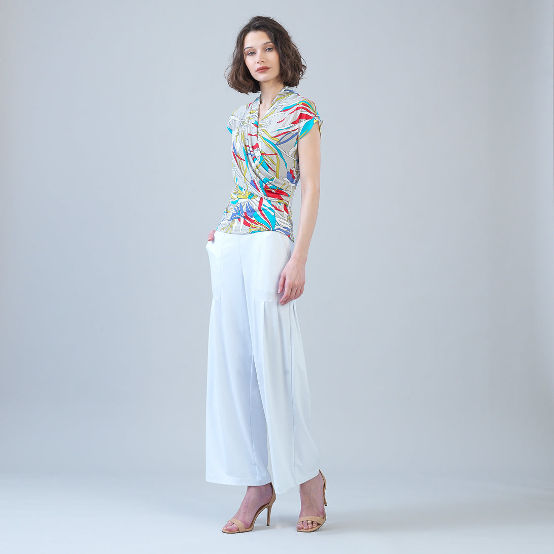 Cap Sleeve Surplice Crossover Top - Floral Leaves-Beige - Final Sale | Clara Sunwoo Essential