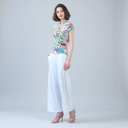 Cap Sleeve Surplice Crossover Top - Floral Leaves-Beige - Final Sale | Clara Sunwoo Essential