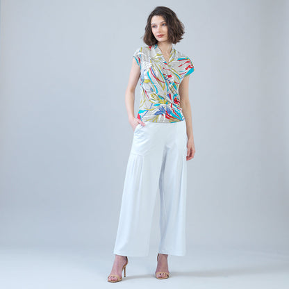 Cap Sleeve Surplice Crossover Top - Floral Leaves-Beige - Final Sale | Clara Sunwoo Essential