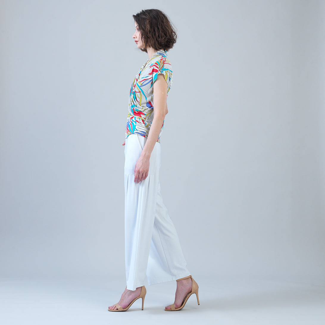 Cap Sleeve Surplice Crossover Top - Floral Leaves-Beige - Final Sale | Clara Sunwoo Essential