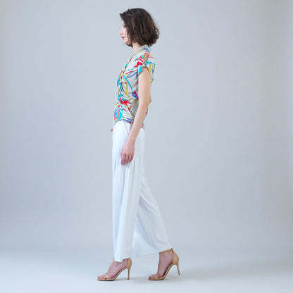 Cap Sleeve Surplice Crossover Top - Floral Leaves-Beige - Final Sale | Clara Sunwoo Essential