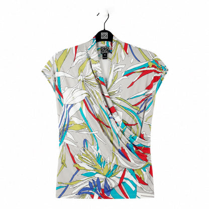 Cap Sleeve Surplice Crossover Top - Floral Leaves-Beige - Final Sale | Clara Sunwoo Essential