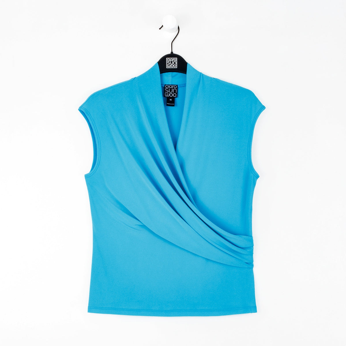 Cap Sleeve Surplice Crossover Top - Turquoise | Clara Sunwoo New