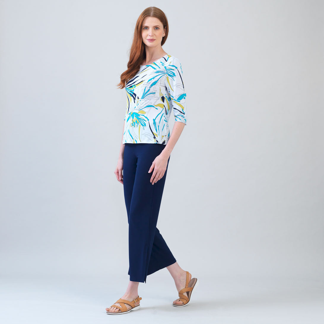 Scoop Neck Half Sleeve Top - Floral Leaves-White - Final Sale | Clara Sunwoo Essential