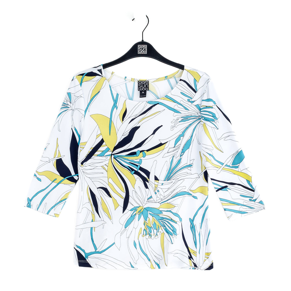 Scoop Neck Half Sleeve Top - Floral Leaves-White - Final Sale | Clara Sunwoo Essential