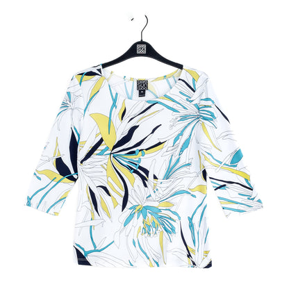 Scoop Neck Half Sleeve Top - Floral Leaves-White - Final Sale | Clara Sunwoo Essential