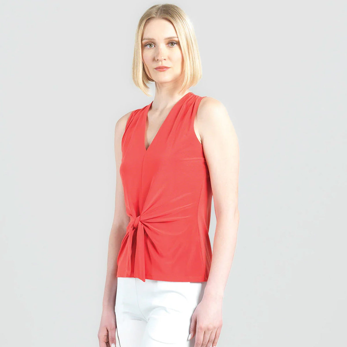Sleeveless V-Neck Center Front Tie Top - Coral - Limited Sizes | Clara Sunwoo Classic
