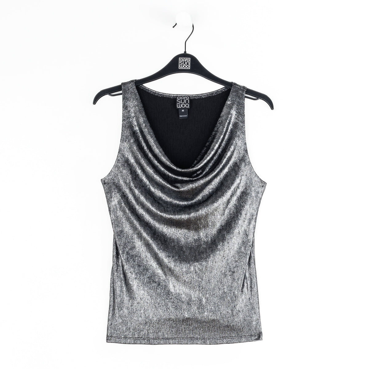 Metallic Shimmer - Cowl Neck Draped Tank - Gunmetal - Final Sale | Clara Sunwoo Premium