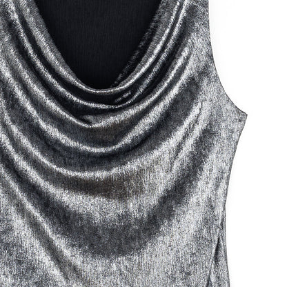 Metallic Shimmer - Cowl Neck Draped Tank - Gunmetal - Final Sale | Clara Sunwoo Premium