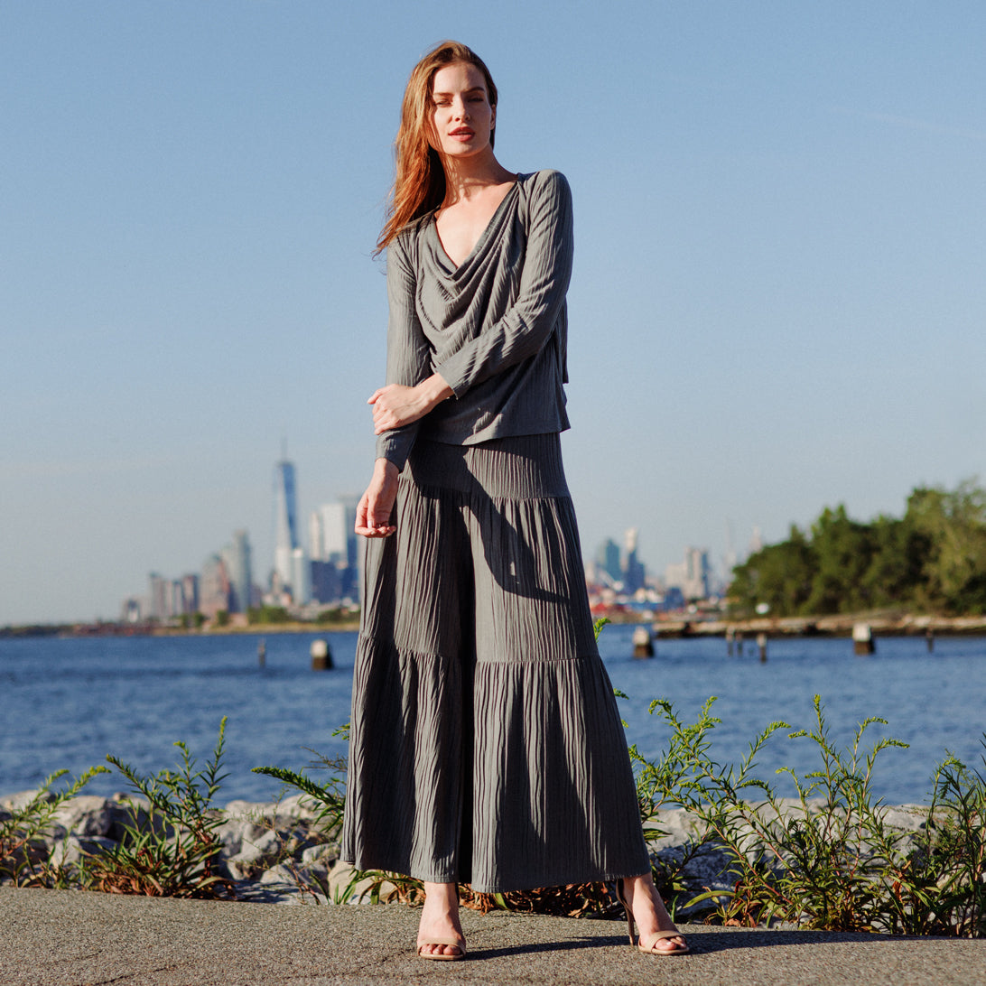 Soft Pleat Knit - 2pc Cardigan & Cowl Tank Twinset - Olive - Final Sale | Clara Sunwoo New
