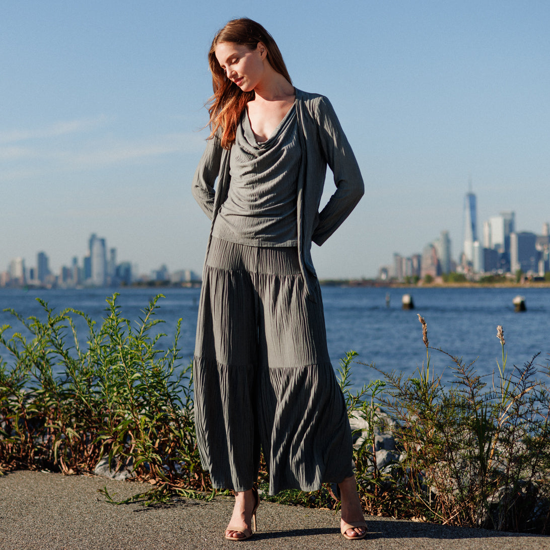 Soft Pleat Knit - 2pc Cardigan & Cowl Tank Twinset - Olive - Final Sale | Clara Sunwoo New