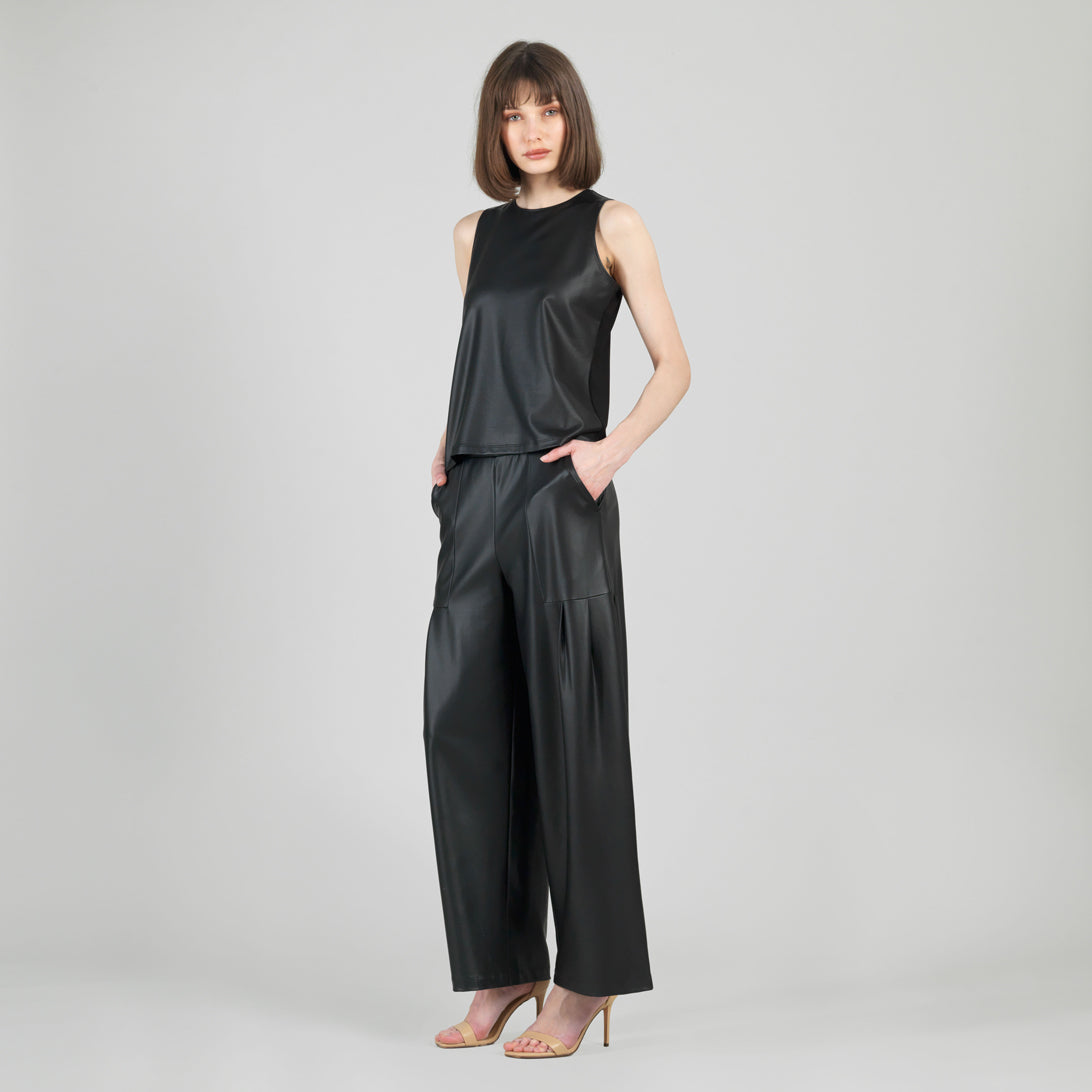 Liquid Leather™ Sheen Two-Tone Jewel Neck Tank - Black | Clara Sunwoo Everyday