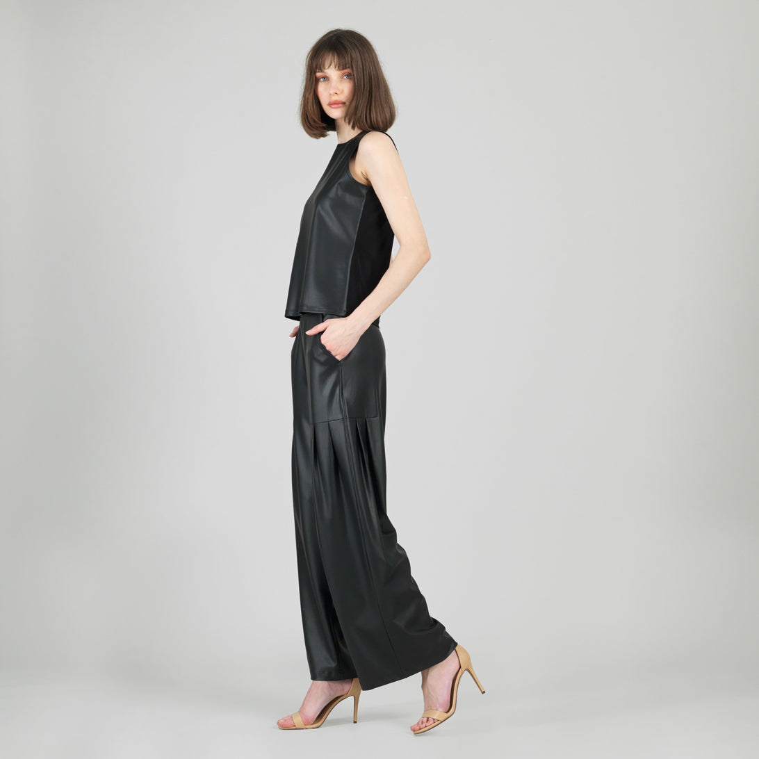Liquid Leather™ Sheen Two-Tone Jewel Neck Tank - Black | Clara Sunwoo Everyday