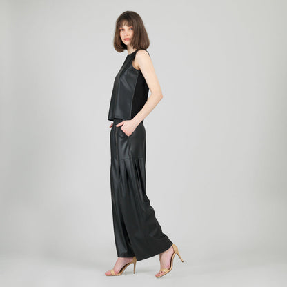 Liquid Leather™ Sheen Two-Tone Jewel Neck Tank - Black | Clara Sunwoo Everyday