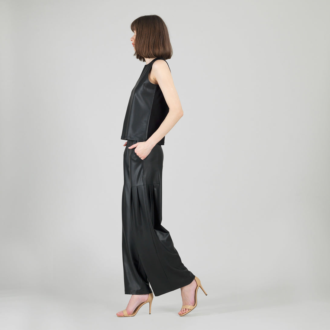 Liquid Leather™ Sheen Two-Tone Jewel Neck Tank - Black | Clara Sunwoo Everyday
