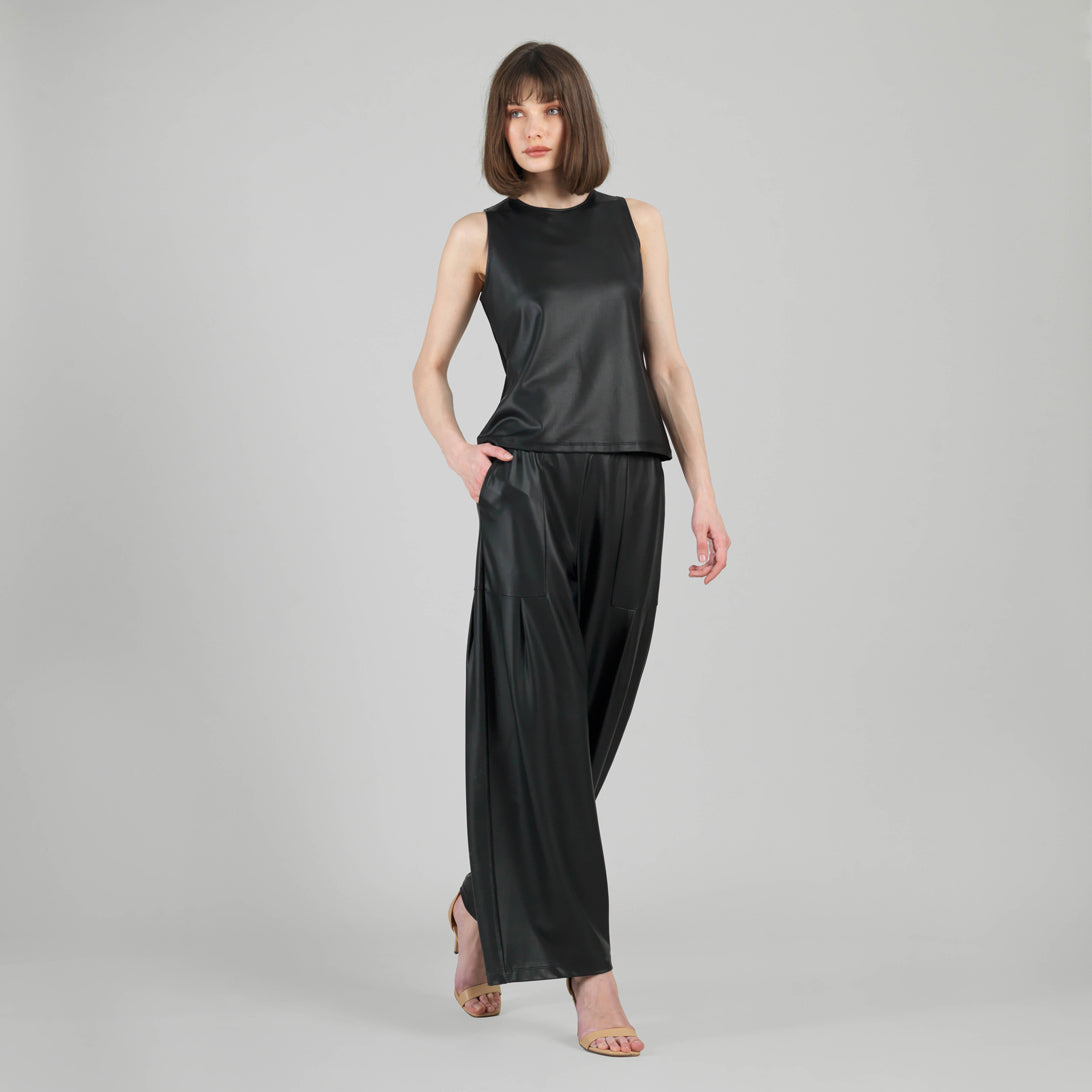 Liquid Leather™ Sheen Two-Tone Jewel Neck Tank - Black | Clara Sunwoo Everyday