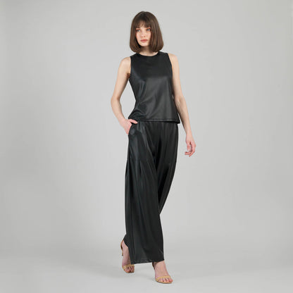 Liquid Leather™ Sheen Two-Tone Jewel Neck Tank - Black | Clara Sunwoo Everyday