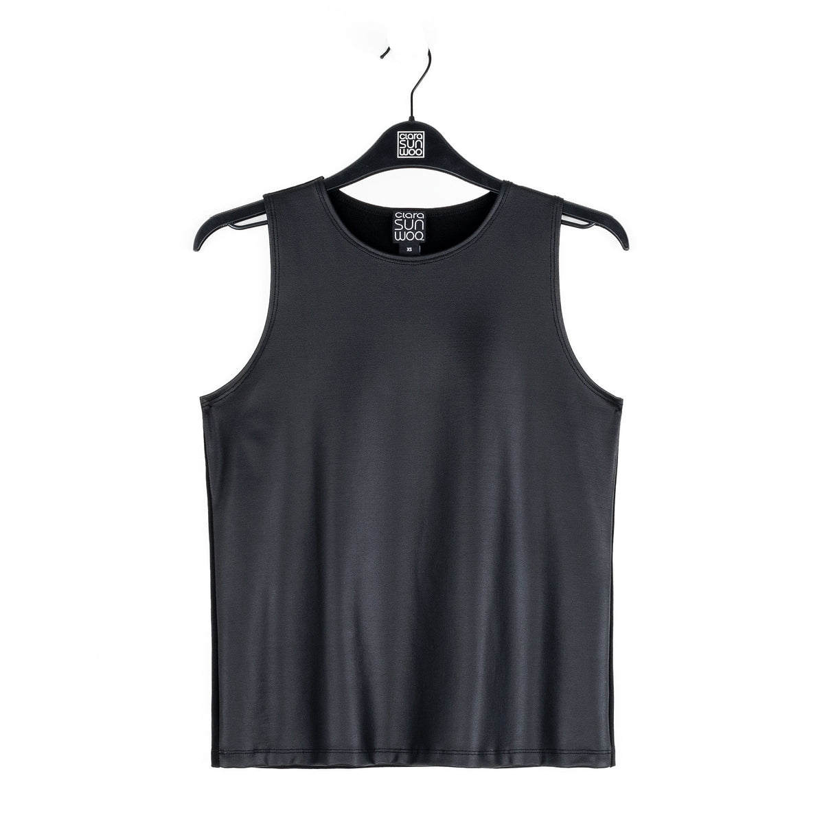 Liquid Leather™ Sheen Two-Tone Jewel Neck Tank - Black | Clara Sunwoo Everyday