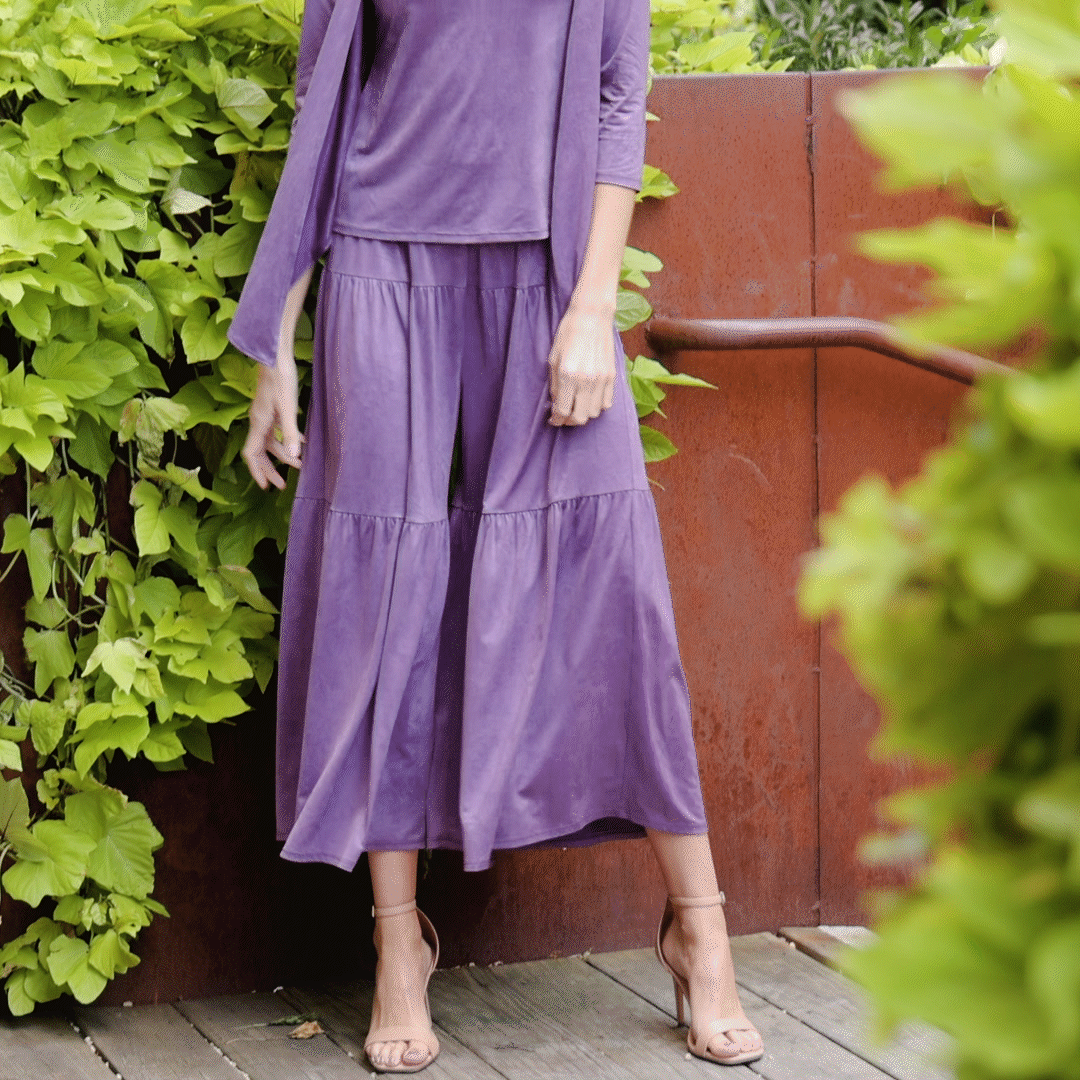 Crushed Silk Knit - Cardigan, Tank, Skirt-Pant 3pc Set - Plum - Final Sale! | Clara Sunwoo Value