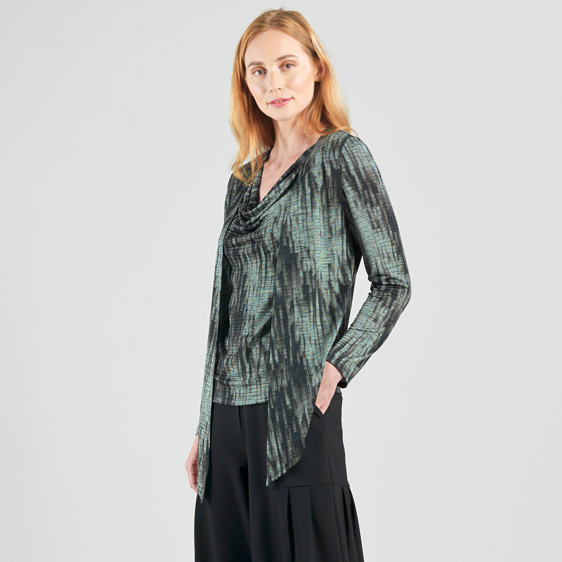 Crinkle Pleat Knit - 2pc Cardigan & Cowl Tank Twinset - Water Ripple-Olive - Final Sale! | Clara Sunwoo Essential