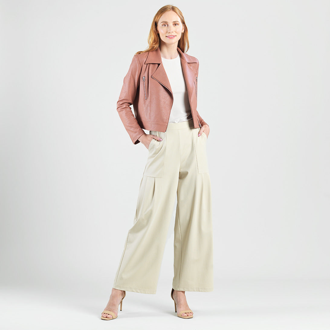 Rayon-Ponte Knit - Pleated Wide Leg Pocket Pant - Khaki | Clara Sunwoo Top Pick