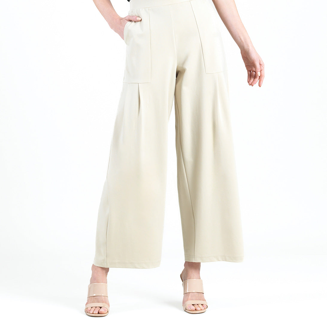 Rayon-Ponte Knit - Pleated Wide Leg Pocket Pant - Khaki | Clara Sunwoo Top Pick