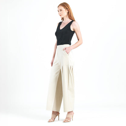 Rayon-Ponte Knit - Pleated Wide Leg Pocket Pant - Khaki | Clara Sunwoo Top Pick